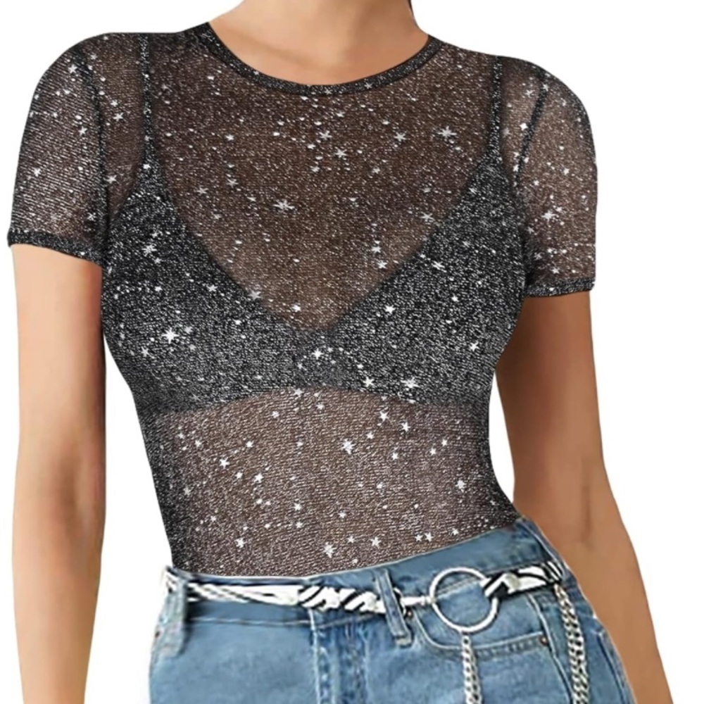 Women's Glitter Sheer Mesh Tops See through short Sleeve Tee Blouse